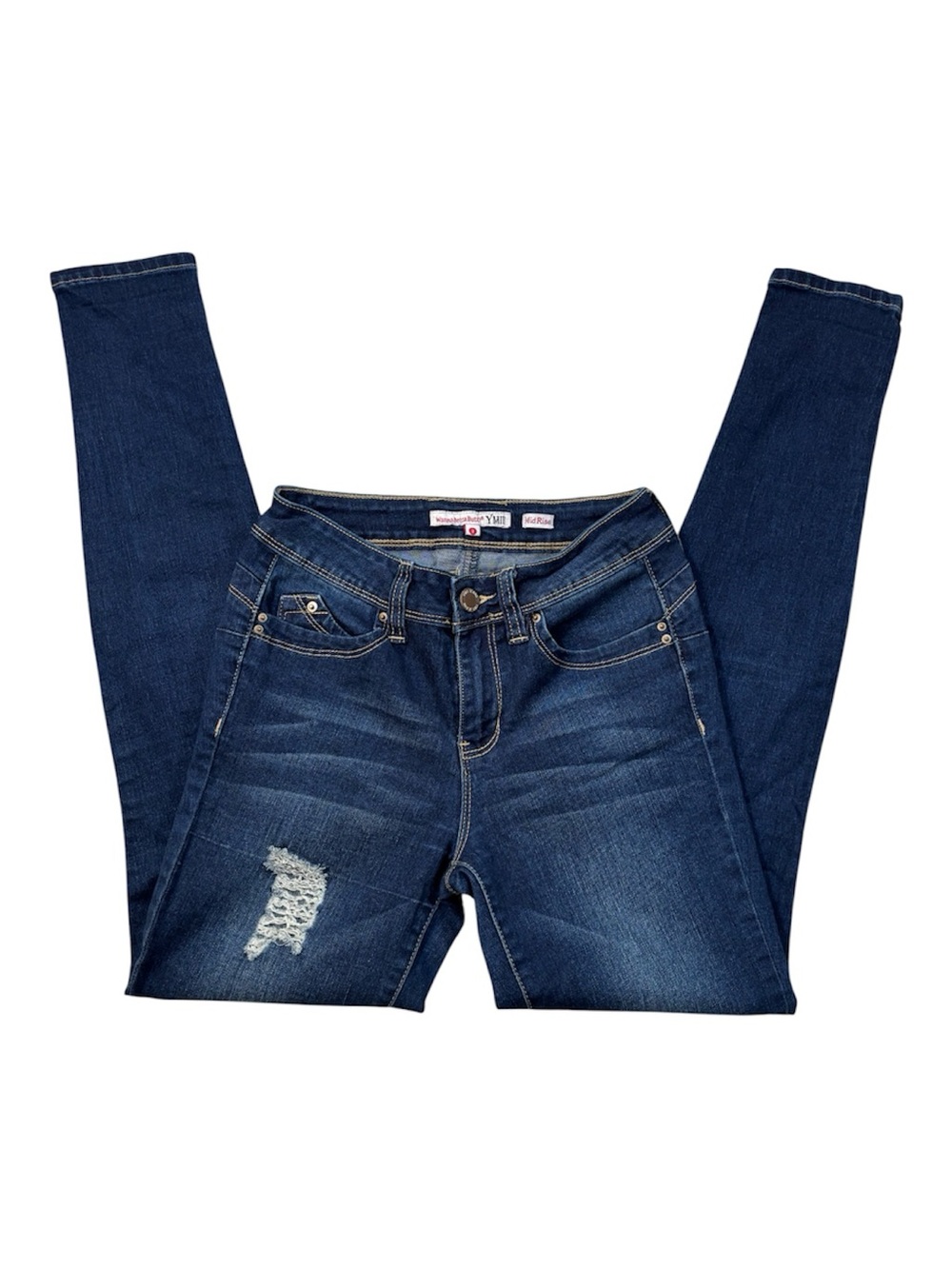 YMI Jeans, Wanna Better Butt? Dark Blue Distressed Skinny, Size 3, 24x29